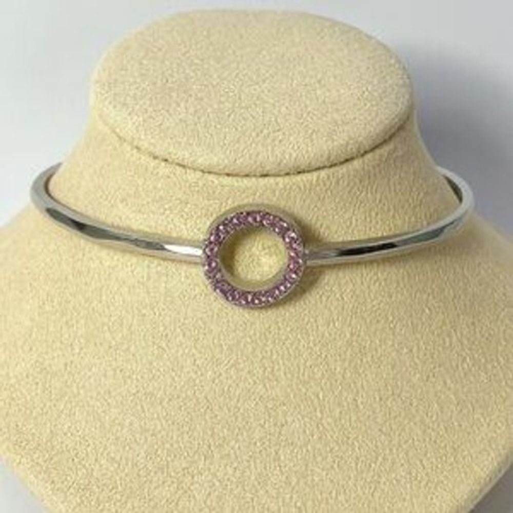 Y2K Vintage Women's Pink Rhinestone Hoop Silver Tone Bangle Bracelet Dainty 90's
